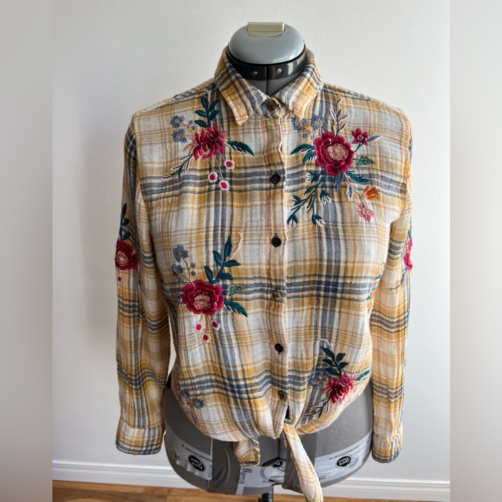 Johnny Was Y2k cotton Plaid long sleeve Shirt embroidery small
